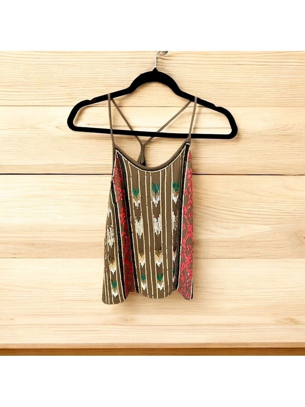 Single Los Angeles Tina Tank, Size S, Olive Green w/Gold, Orange, Black Sequined